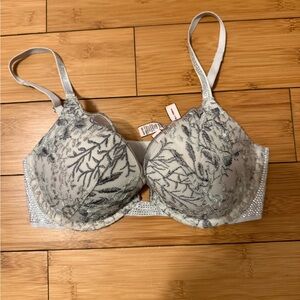 Swarovski Crystal  Blue Gray Floral Victoria's Secret push up bra Sz 32 C